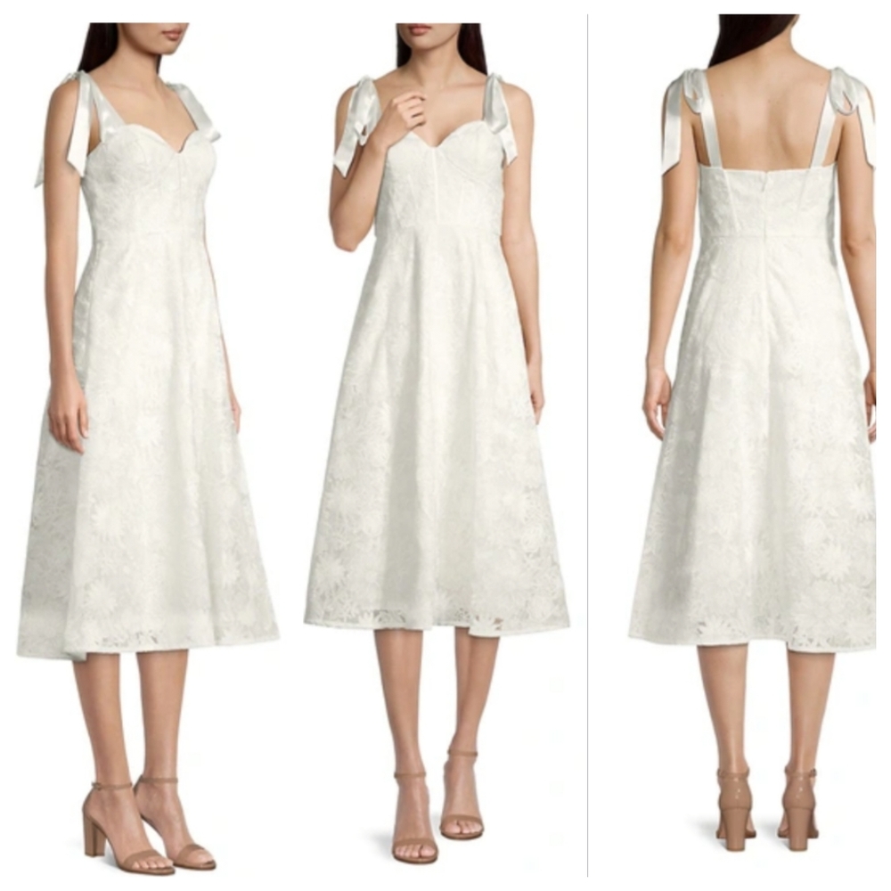 NEW AIDAN MATTOX  White Embroidered Corset Tie Shoulder Cocktail and Party Dress
